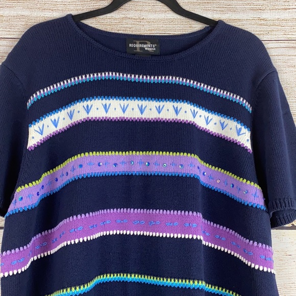 Vintage Requirements Woman Navy Purple Embroidered Striped Mom Sweater 90s 1X - Picture 2 of 10